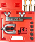 Brake line flaring tool kit in red case with clamp, flare bar, and dies for 3/16–1/2 in tubing