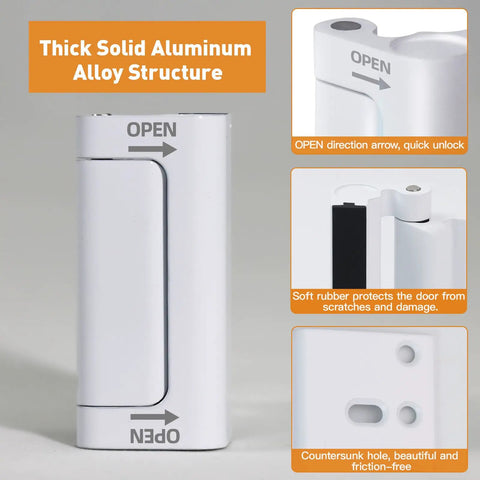 Rock Solid Door Reinforcement Lock Heavy Duty Aluminum Alloy Anti Ram Strike Plate showing thick aluminum alloy structure and quick unlock feature.