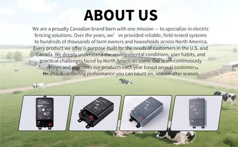 Kickin Heavy Duty 2 In 1 Electric Fence Energizer With Plug In And 12 Volt Battery Backup displayed on farm setting with cows.