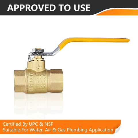 Two Pack Three Quarter Inch FIP Threaded Ball Valve Set With Brass Full Port Shut Off, Three Quarter Inch Female NPT Connections, Yellow Handle Easy Install, 600 WOG Water Oil And Gas, yellow handle visible