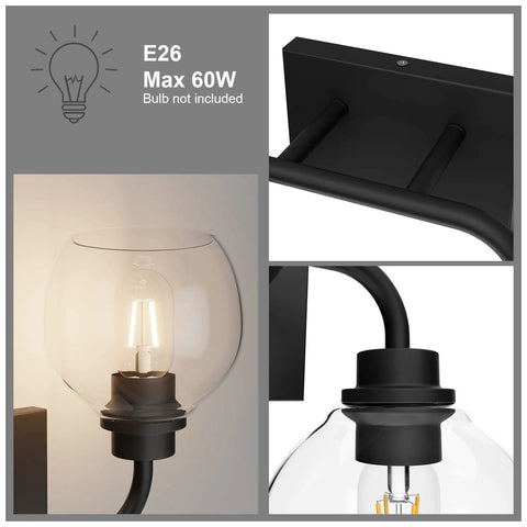 Industrial Style Bathroom Vanity Lighting Fixtures Four Light Matte Black Finish With Clear Globe Glass Farmhouse Bath Light shown in detail