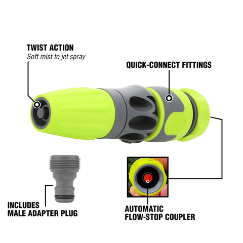 Garden Hose Nozzle Kit, 3-Piece With Quick Connect Sprayer And Flow Stop Adapter, Soft Mist For Flowers And Plants, Jet Spray