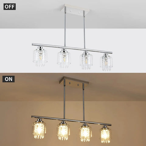 Crystal Pendant Lighting For Kitchen Island, 4 Light Dining Room Fixture with clear glass shades and elegant K9 crystals