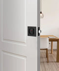 Pocket Door Lock Hardware Matte Black Privacy Lock With Indicator on sliding white door in modern room
