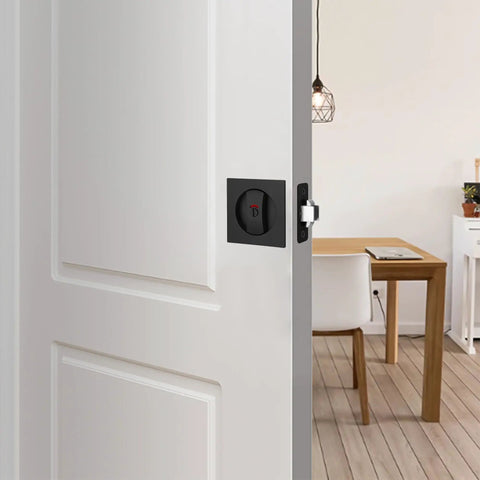 Pocket Door Lock Hardware Matte Black Privacy Lock With Indicator on sliding white door in modern room