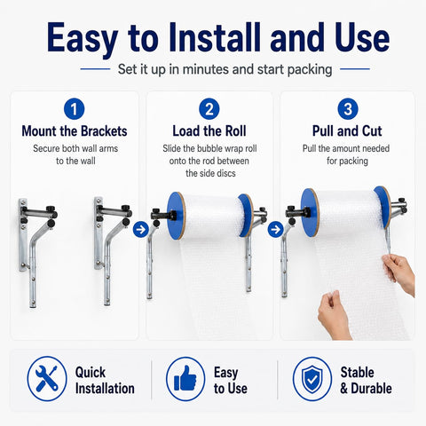 Instructions for Heavy Duty Wall Mount Bubble Wrap Dispenser Built Tough Industrial Steel Roll Holder during installation.