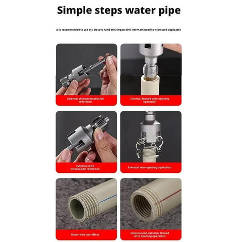 Premium 2-In-1 Internal And External Pipe Threading Tool Kit For Diy Plumbing Repairs showing installation steps for PVC pipes.