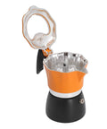 One Cup Stovetop Espresso Pot 150ml 5oz Glass Top Italian Coffee Maker For Italian And Cuban Café Brewing Travel Friendly Compact Design In Orange And Black, open lid, front view