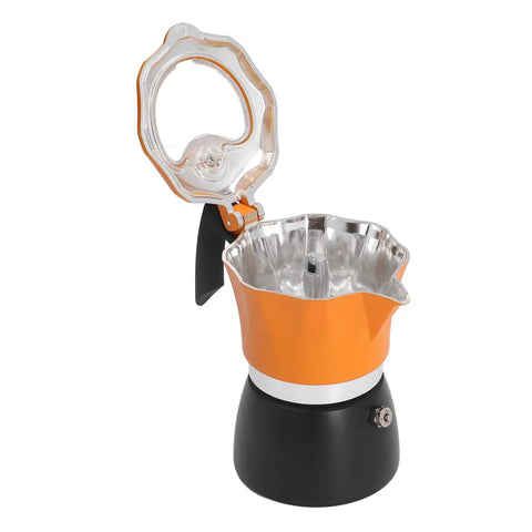 One Cup Stovetop Espresso Pot 150ml 5oz Glass Top Italian Coffee Maker For Italian And Cuban Café Brewing Travel Friendly Compact Design In Orange And Black, open lid, front view
