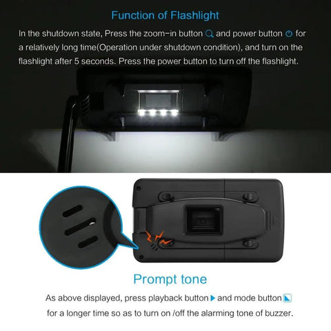 Back view of Grab And Go Handheld Digital Video Magnifier With TV AV Output 4X To 32X Zoom 5 Inch Screen Color Modes Photo Capture HD Memory Portable Reading Aid showing flashlight function and buttons.
