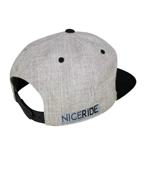 Back view of Strong Faded Snapback Baseball Cap With Flat Bill, Embroidered Logo showing adjustable strap, trendy gray style.