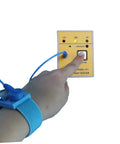 Portable Anti Static Wrist Strap Tester ESD Meter With Audible And Visual Pass Fail Indicator in use with attached wrist strap.