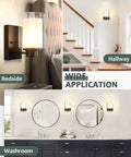 Collage of 2 Pack Farmhouse Vanity Light Fixtures With One Light Each, Indoor Black Wall Sconce With Dual Glass Shades in various settings.