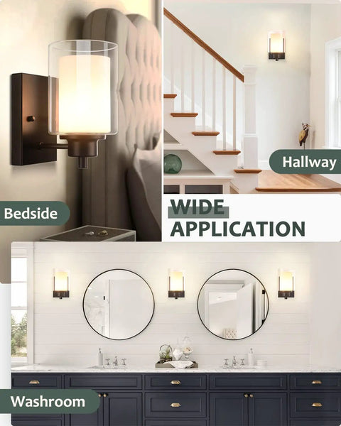 Collage of 2 Pack Farmhouse Vanity Light Fixtures With One Light Each, Indoor Black Wall Sconce With Dual Glass Shades in various settings.