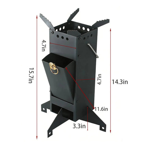 Portable Rocket Stove For Camping And Outdoor Cooking Wood Burning Stove With Foldable Design Lightweight Rust Resistant Steel 45 Degree Tilt Easy Door Access Ideal For Campfires Picnics BBQs And Backyard Heating Black with measurements.