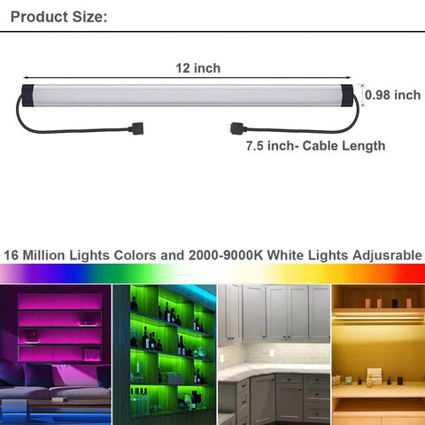 Under Cabinet LED Lighting Kit 12 Inch Dimmable RGB Multicolor Lights With WiFi Smart Control Linkable Under Counter Lamps Remote Included Works With Alexa And Google Home 3 Pack shown with installation examples and color options.