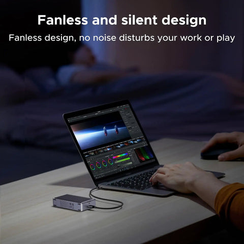 Slick Beast Mode M2 Nvme Enclosure For External Solid State Drives compatible with Thunderbolt 4 and USB4 beside laptop with video editing.