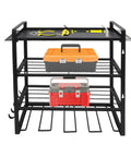 Heavy Duty Metal Wall Mount Power Tool Organizer With Extra Slots And Hooks For Sick Garage Shop Setup holding tools and toolboxes.