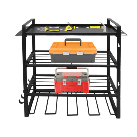 Heavy Duty Metal Wall Mount Power Tool Organizer With Extra Slots And Hooks For Sick Garage Shop Setup holding tools and toolboxes.