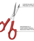 Ergonomic scissors with red handles and curved blades from Sewing Seam Ripper Kit With Two Large And Two Small Rippers, Thread Snips And 5 Inch Scissors, Quick Stitch Remover Set For Fabric Repair DIY Alterations And Easy Thread Cuts.
