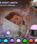 Child sleeping with Lit Party Ready Mini Disco Ball With Bluetooth Speaker, Sound Activated LED Lights by bedside.