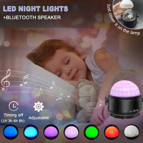 Child sleeping with Lit Party Ready Mini Disco Ball With Bluetooth Speaker, Sound Activated LED Lights by bedside.