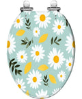 Elongated Toilet Seat Cover Quiet Close for Bathroom, floral design with daisies on light blue background.