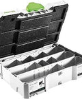 Open Multi Color Systainer With Domino Jointing System showing compartments for tools, ideal for easy precise joint positioning.