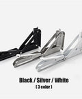 Three colors of heavy-duty folding shelf brackets, black, silver, and white, shown side by side with collapsible mounts.