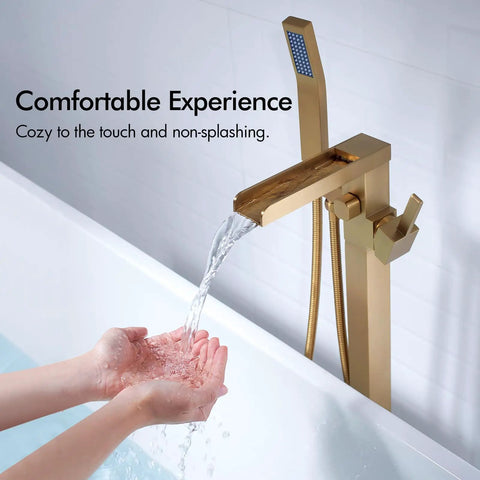 Solid Brass Floor Mount Bathtub Faucet Free Standing Tub Filler With Hand Shower Swivel Spout Brushed Brass And Brushed Gold High Flow Rate Waterfall Look For Modern Bathrooms showing water flow into hands