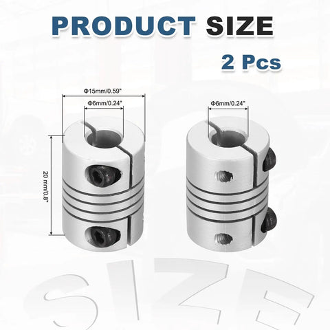 2 Pack Flexible Shaft Couplers 6mm To 6mm Bore, 20mm Length, 15mm Diameter Aluminum Alloy Clamp Joints For Stepper Motors