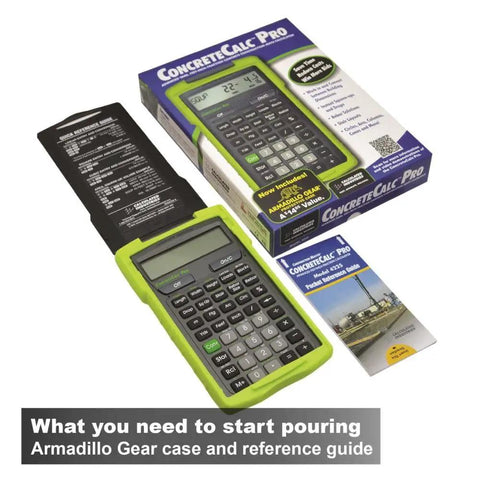 ConcreteCalc Pro Advanced Feet Inch Fraction And Metric Construction Calculator with packaging and reference guide.