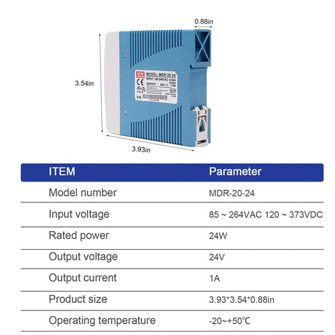 MDR-20-24 24VDC DIN Rail Power Supply 1A 20W, blue plastic module, 3.93 x 3.54 x 0.88 in