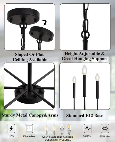 Black Farmhouse Chandeliers For Dining Room 26 Inch 6 Light Modern Candle Linear Traditional Metal Hanging Ceiling Light Fixture For Kitchen Living Room Foyer Bedroom, showcasing height adjustability and sloped ceiling compatibility.