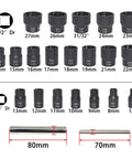 22 Piece Bolt Nut Extractor Set With Half Inch And Three Eighths Inch Drive Wheel Lock Removal Kit shown with various socket sizes and measurements.
