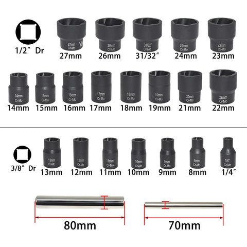 22 Piece Bolt Nut Extractor Set With Half Inch And Three Eighths Inch Drive Wheel Lock Removal Kit shown with various socket sizes and measurements.