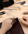Pro Grade Heavy Duty Leather Upholstery Repair Kit with 8 Upholstery Threads, 40 Piece Sewing Set, tools and needles in use