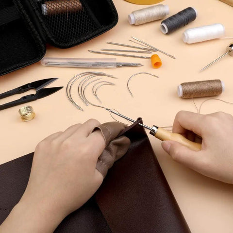Pro Grade Heavy Duty Leather Upholstery Repair Kit with 8 Upholstery Threads, 40 Piece Sewing Set, tools and needles in use