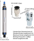 Heavy Duty Workhorse 25mm Bore 125mm Stroke Aluminum Pneumatic Air Cylinder With Y Connector Dual Action Single Rod Screwed Piston For Automated Machinery In Industrial Setups, shown with dimensions and fittings