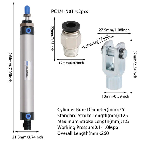 Heavy Duty Workhorse 25mm Bore 125mm Stroke Aluminum Pneumatic Air Cylinder With Y Connector Dual Action Single Rod Screwed Piston For Automated Machinery In Industrial Setups, shown with dimensions and fittings