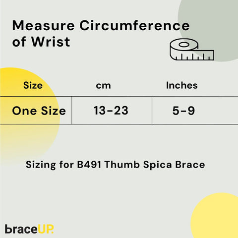 Sizing chart for Thumb Spica Splint Brace For Right Or Left Hand With CMC Thumb Support One Size Fits Most Unisex Black