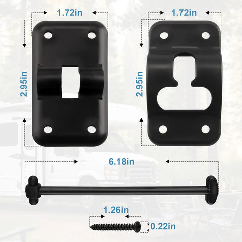 Road Warrior Six Inch T Style Entry Door Holder For Camper And RV Setups dimensions and components, black plastic with screws.