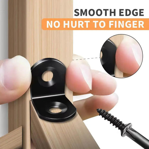 Close-up of Heavy Duty 40 Piece Black Stainless Steel L Bracket Corner Brace Set with smooth edge feature near fingers.
