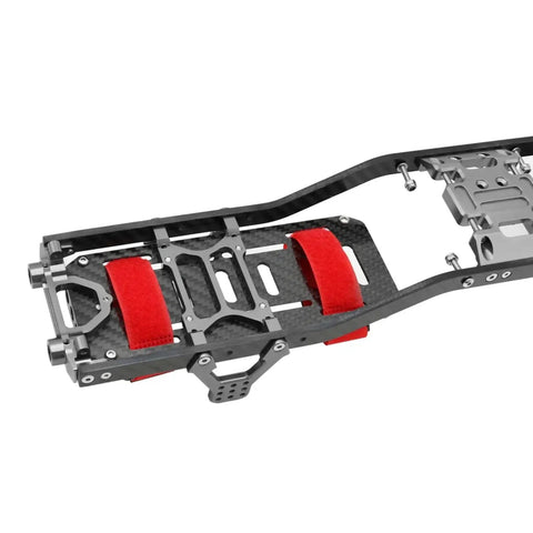 Beefed Up Carbon Fiber RC Car Chassis Frame Upgrade For SCX10 II Rock Crawler 1/10, featuring red straps and metal girder