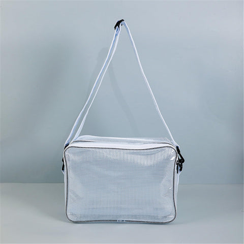 Clear Anti Static Crossbody Satchel For Laptops And Precision Tools with adjustable strap and zipper, designed for easy visibility.