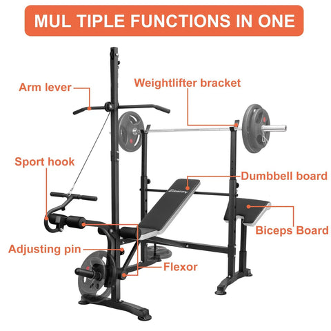 Adjustable Olympic Weight Bench Set With Cable Pulley System For Home Gym Full Body Workout detailing various components