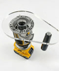 Dead On Accurate Router Base Plate Compatible With DWP611 And DCW600B 6X9 Inch Clear Acrylic mounted on a router.