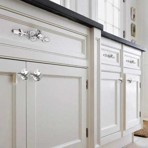12 Pack Diamond Clear Crystal Glass Cabinet Knob Set With Plate And Screws on white kitchen cabinets