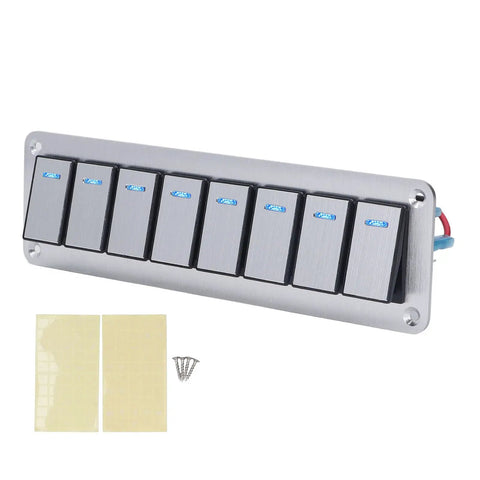 8 Gang Rocker Switch Panel With Blue LED Backlight And Voltmeter, Aluminum Alloy Prewired Toggle Switches for 12V 24V Vehicles