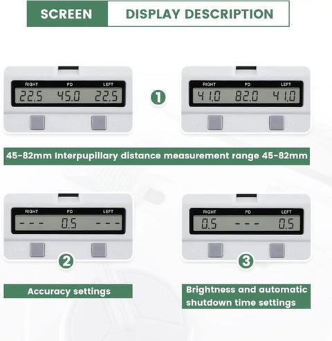 Next-Level Pupillometer With Adjustable Nose Pad And Brightness Control Pro-Grade Pupil Distance Meter display and settings